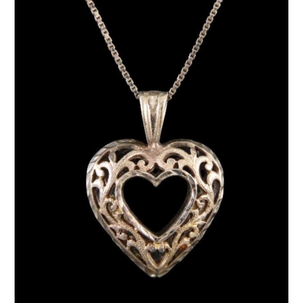 Vintage STERLING SILVER 19" Chain Necklace Diamond Cut Open Puffy HEART Pendant